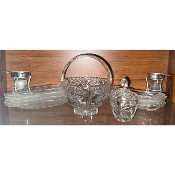 Pressed Glass Dishes, Crystal Basket, and Metal Stands