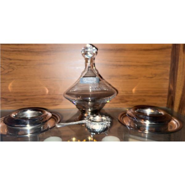 Bolla Glass Decanter with Tag and Two Silver-Plated Coasters