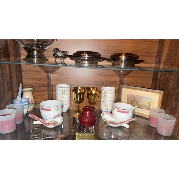 Asian Ceramic Tableware, Gold Goblets, and Framed Artwork Lot