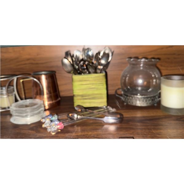 Tableware and Barware Including Flatware, Glass Swizzle Sticks, Copper Mug and Candle Holders