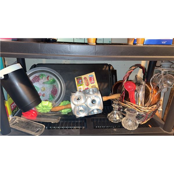 Kitchenware Lot with Rolling Pin, Trays, Utensils and Glass Items
