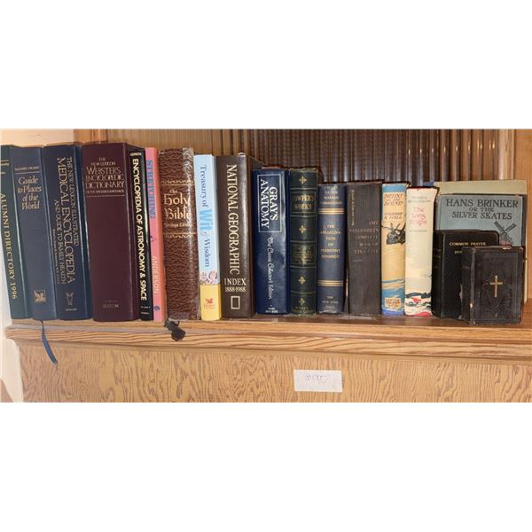Bookshelf Lot with Vintage Books, Woman's Day Cookery Encyclopedia, and National Geographic