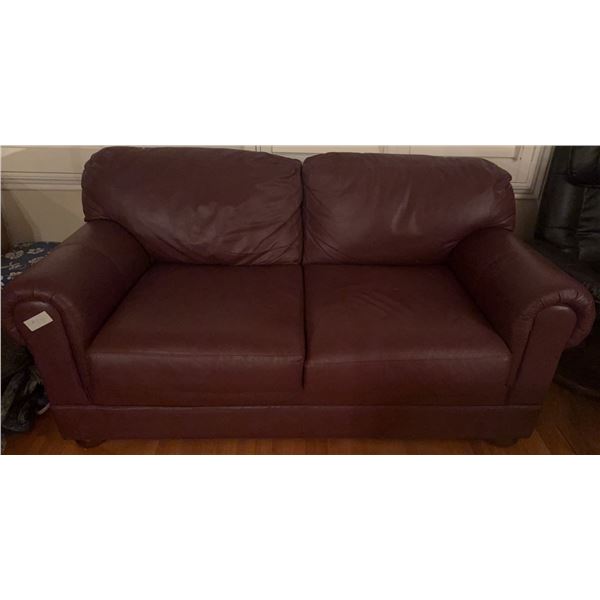 Burgundy Leather Rolled Arm Loveseat Sofa