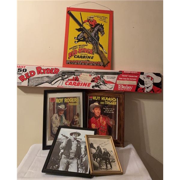 Red Ryder Daisy Carbine Poster, Box, and Roy Rogers Framed Collectibles Lot