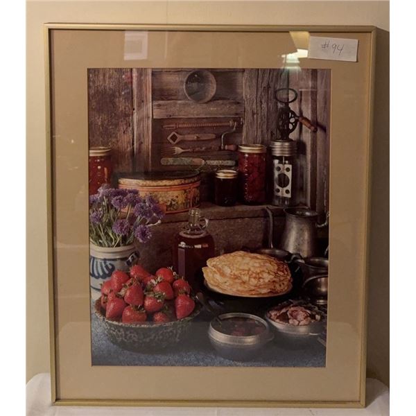 Framed Kitchen Still Life Print Featuring Strawberries and Pancakes