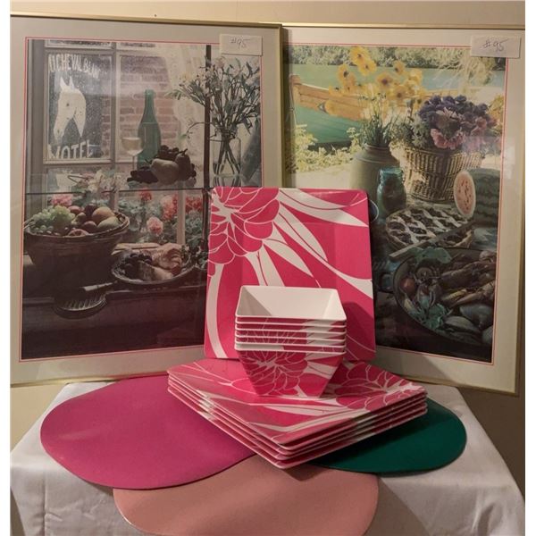 Pink and White Melamine Dinnerware With Placemats and Framed Food-Themed Prints