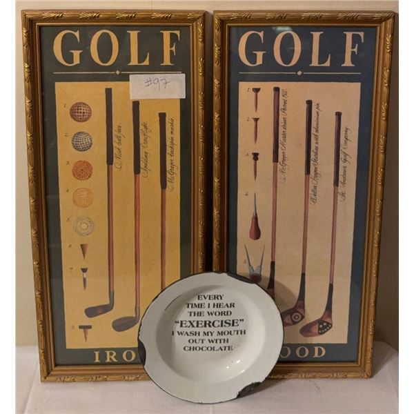 Framed Golf Iron and Wood Prints with Enamel Dish