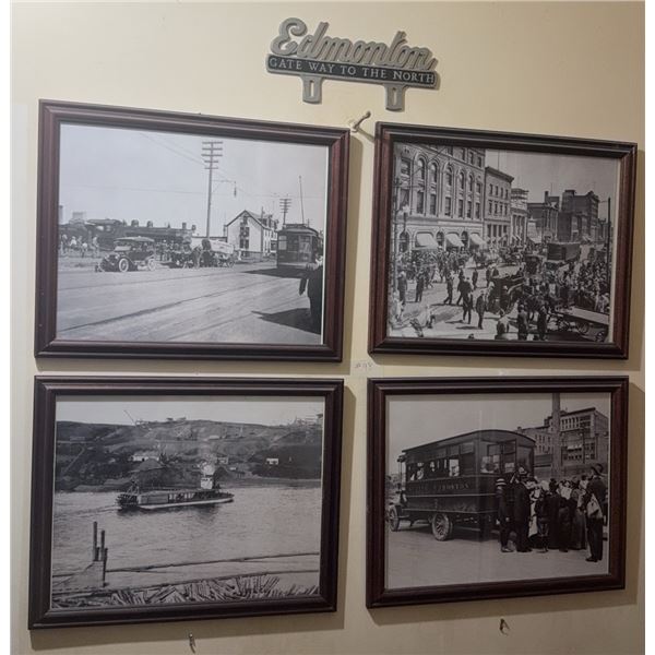 Four Framed Historic Edmonton Photographs with Cast Metal Edmonton Sign