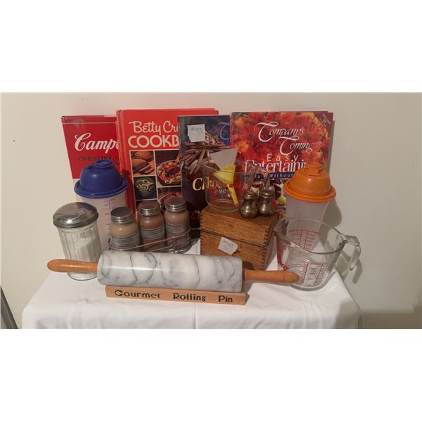 Kitchenware Lot with Cookbooks, Marble Rolling Pin, Fire-King Measuring Cup, Shakers