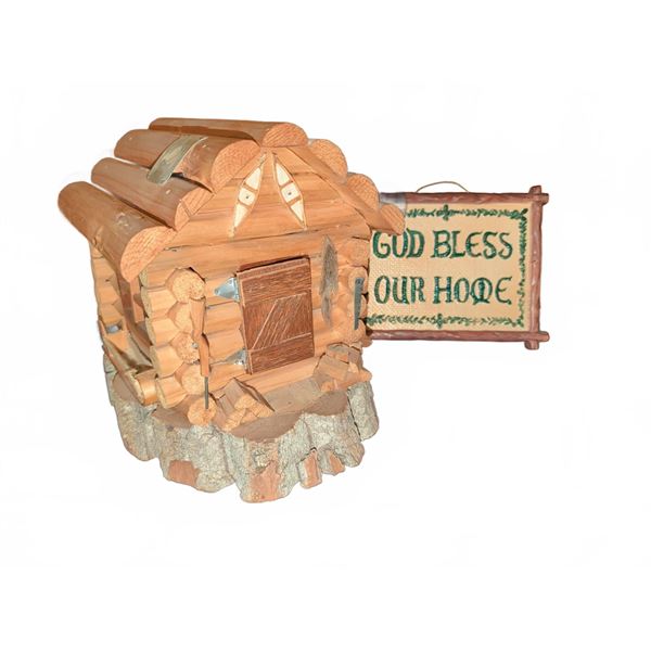 Handcrafted Wooden Log Cabin Miniature With  God Bless Our Home  Sign
