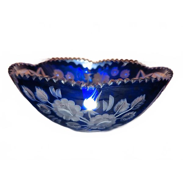 Cobalt Blue Cut to Clear Glass Bowl with Floral and Geometric Designs