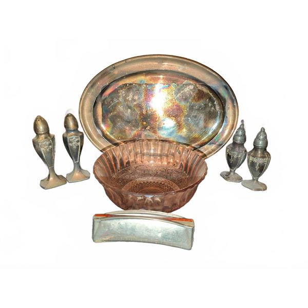 Silverplate Tableware with Pink Depression Glass Bowl and Hohner Harmonica