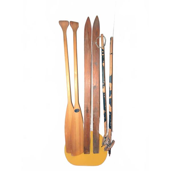 2 Wooden Canoe Paddles, 2 Wooden Skis And 2 Ski Poles