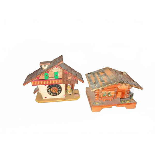 Four Swiss and European Miniature Chalet Clocks and Trinket Boxes