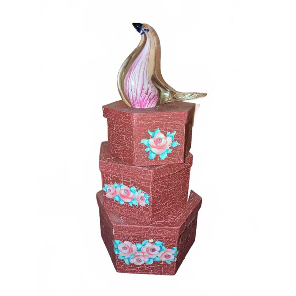 Murano Glass Bird w/ Stacked Floral Boxes & Vintage Gloves