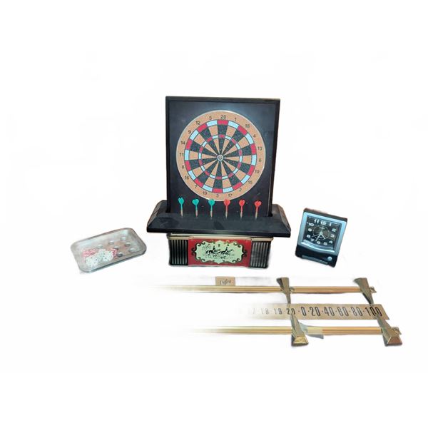Dufferin Wooden Billiards Scoreboard With Accessories Including Dartboard, Tin, Dice, and Clock