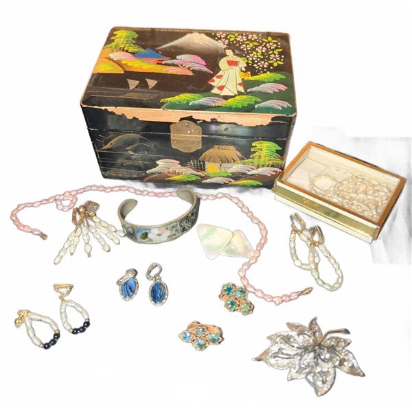 Costume Jewellery with Hand-Painted Japanese Musical Jewellery Box