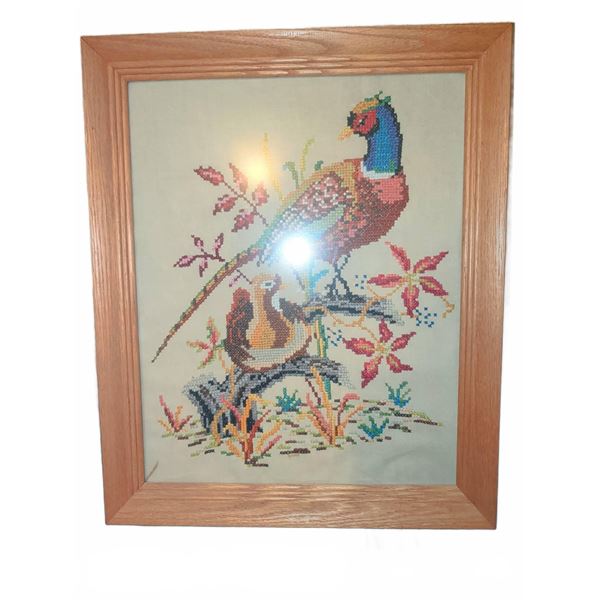Framed Cross-Stitch Embroidery of Pheasant on Branch