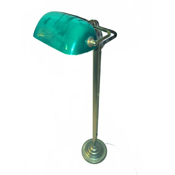 Brass Floor Lamp With Green Glass Banker-Style Shade