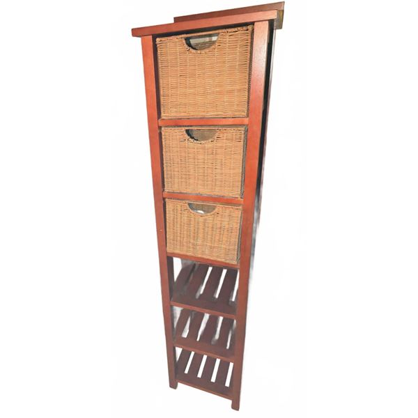 Wooden Tower Shelf With 3 Woven Storage Baskets