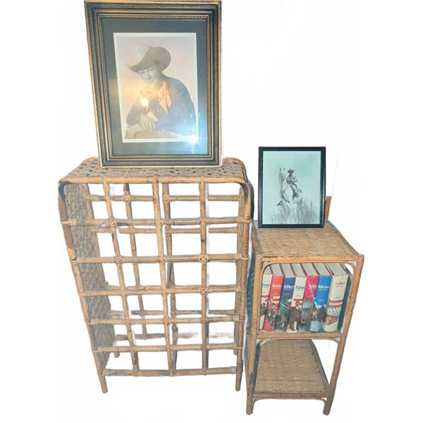 Wicker Shelves, John Jakes Books, and Framed Cowboy Prints