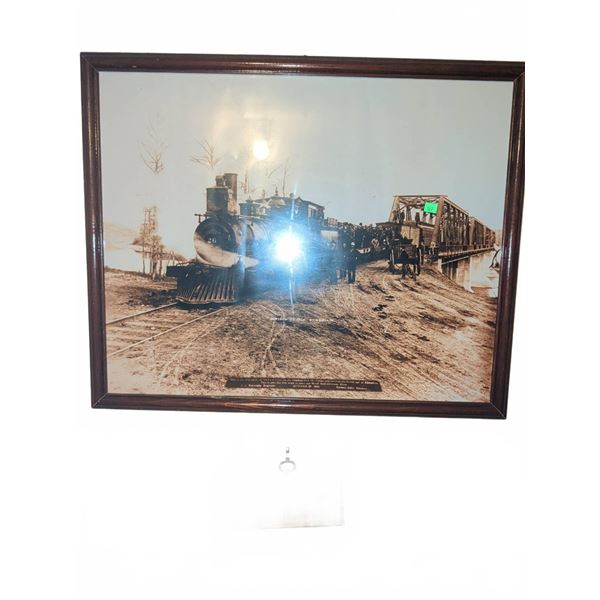 Framed Black and White Train and Bridge Photograph