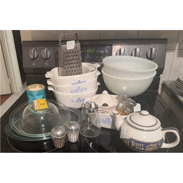 Kitchenware Lot with CorningWare, Nesting Bowls, Tetley Teapot, and Assorted Glassware