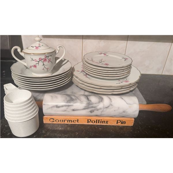 Porcelain Floral Dinnerware Set with Sugar Bowl and Marble Rolling Pin