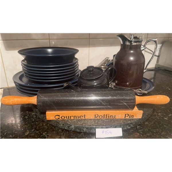 Kitchen Lot with Black Rolling Pin, Black Dinnerware, Measuring Cups and Creamer
