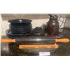 Image 1 : Kitchen Lot with Black Rolling Pin, Black Dinnerware, Measuring Cups and Creamer