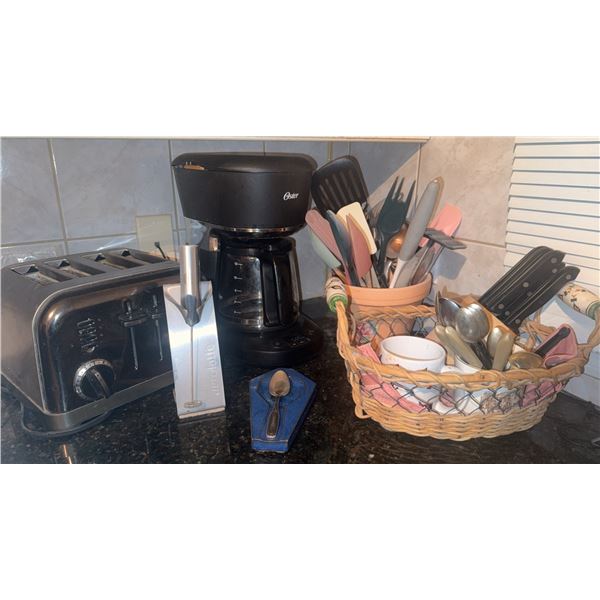 Kitchen Small Appliance and Utensil Lot Including Oster Coffee Maker and Toaster