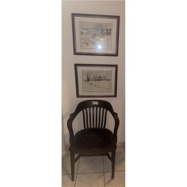 Framed Winter Landscape Prints and Wooden Armchair Grouping