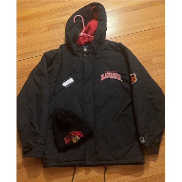 Starter Chicago Blackhawks Hooded Jacket and Knit Beanie, Size Medium