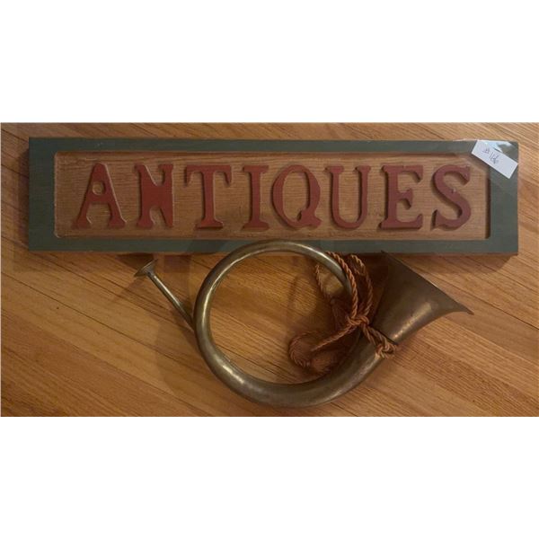 Decorative Wood 'ANTIQUES' Wall Sign and Brass Hunting Horn