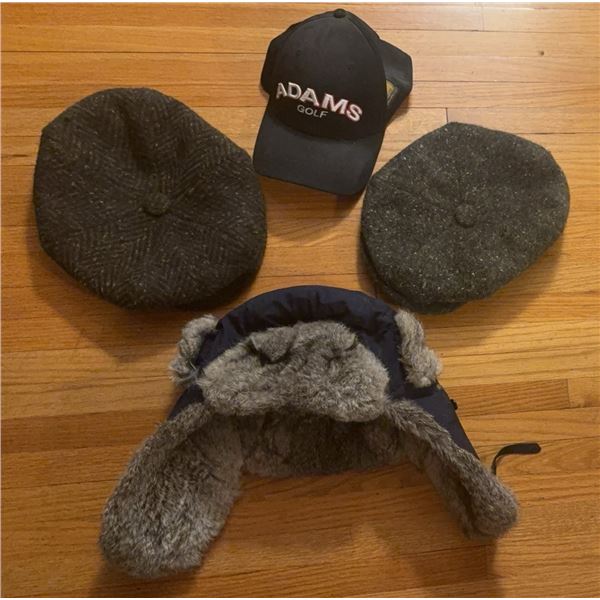 Adams Golf Cap, Two Wool Blend Flat Caps, and Faux Fur Winter Hat