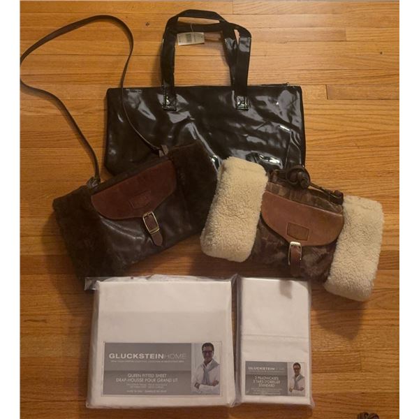 GlucksteinHome Queen Fitted Sheet, 2 Pillowcases, 3 Assorted Handbags