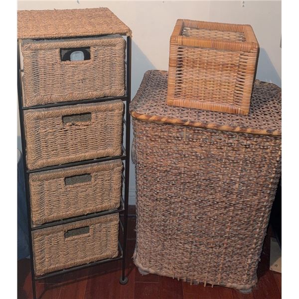 Woven Storage Lot Including Four-Drawer Unit, Laundry Hamper, and Square Basket