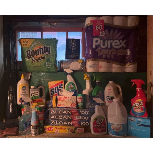 Household Cleaning and Paper Products Lot Including Purex, Bounty, Alcan, and Various Cleaners