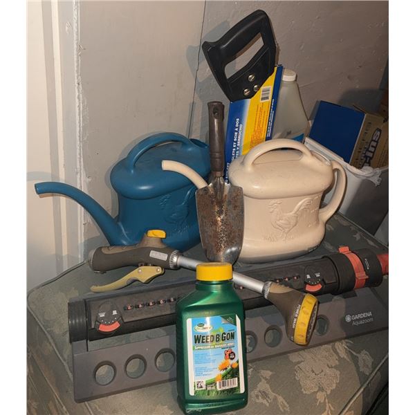Garden Tool Lot with Watering Cans, Trowel, Hose Nozzle and Weed Control