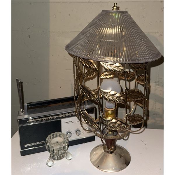 Tabletop Lamp with Metal Leaf Design, Portable FM/AM Radio, and Glass Candle Holder