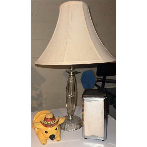 Glass Table Lamp, Metal Napkin Dispenser, and Ceramic Dog Figure Group