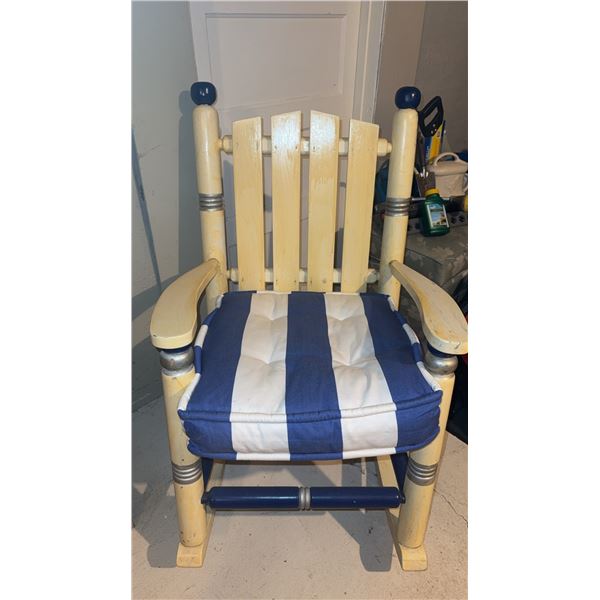 Wooden Rocking Chair with Blue and White Striped Cushion