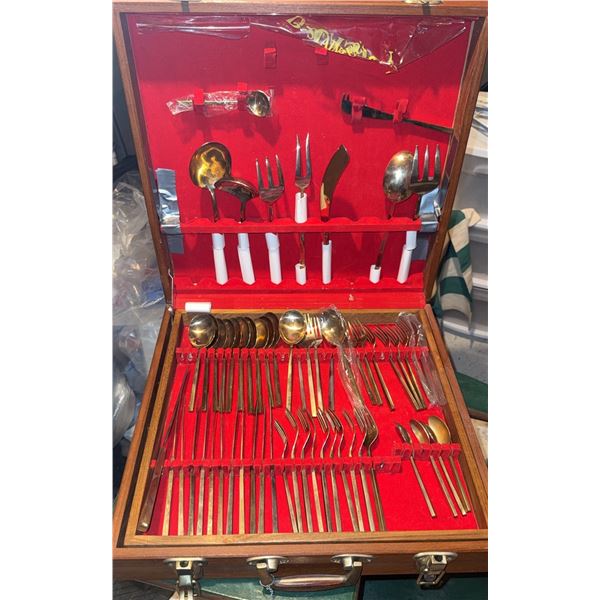 Gold Tone Flatware Set in Wooden Case, 53 Pieces