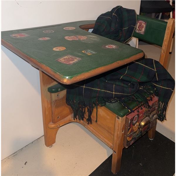 Wood and Green Painted School Desk with Attached Chair and Sticker Decoration
