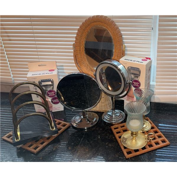 Vanity Lot: Makeup Mirrors, MICRO Pedi Devices, Brass Candle Holders, and Letter Holder
