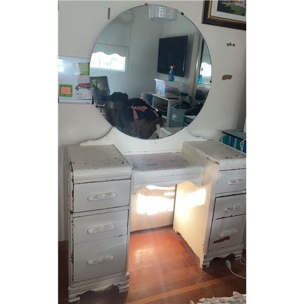 Painted Wood Vanity Dresser with Round Mirror and Six Drawers