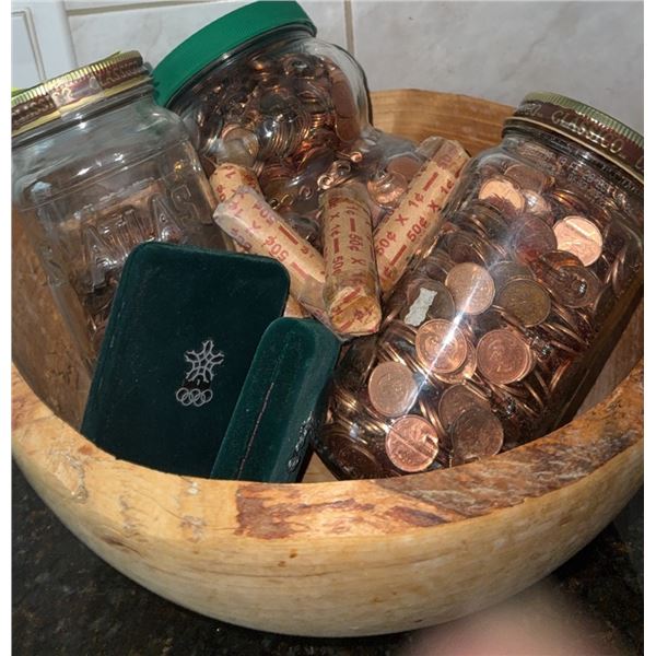 Canadian Pennies in Glass Jars and Rolls