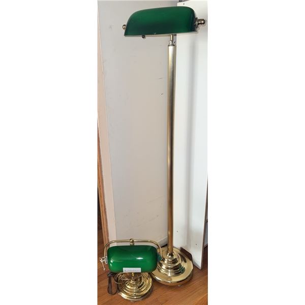 Brass Floor Lamp and Desk Banker's Lamp with Green Glass Shades BOTH NEED REPAIR!!!