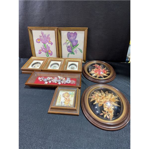 Framed Art and Hawaiian Gold-Plated Flower Plaques Lot