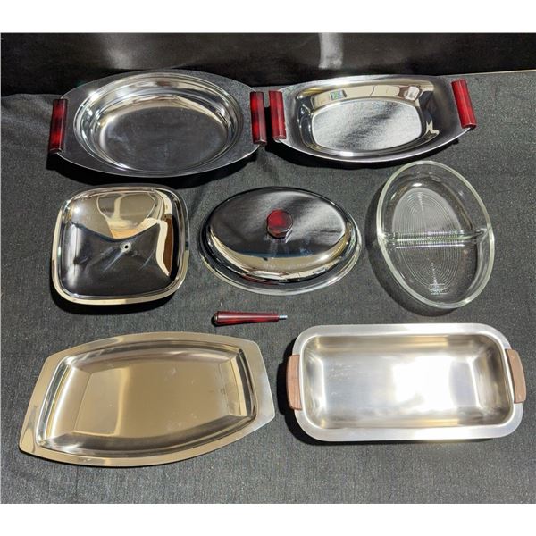 Vintage Stainless Steel and Glass Holloware Set with Dolphin and Gourmates Pieces